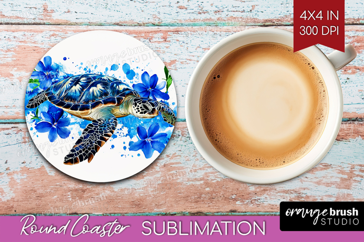 Sea Turtle Floral Round Coaster Blue Flowers Coaster PNG