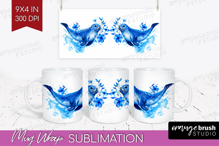 Seal Floral Mug Wrap Blue Flowers Mug PNG Sublimation