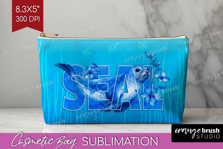 Seal Floral Cosmetic Bag Sea Blue Makeup Bag PNG Sublimation