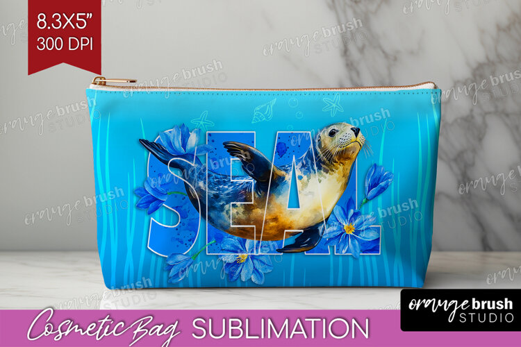 Seal Floral Cosmetic Bag Sea Blue Makeup Bag PNG Sublimation example image 1