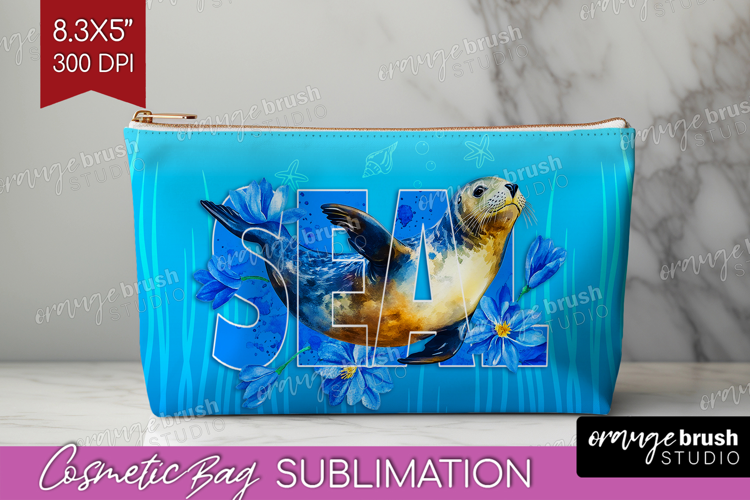 Seal Floral Cosmetic Bag Sea Blue Makeup Bag PNG Sublimation