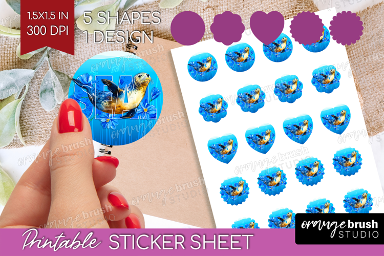 Seal Floral Round Sticker Sea Blue Printable Sticker Sheet