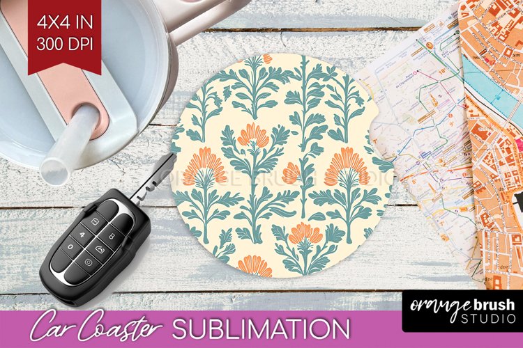 Vintage Flowers Car Coaster - Floral Coaster PNG Sublimation