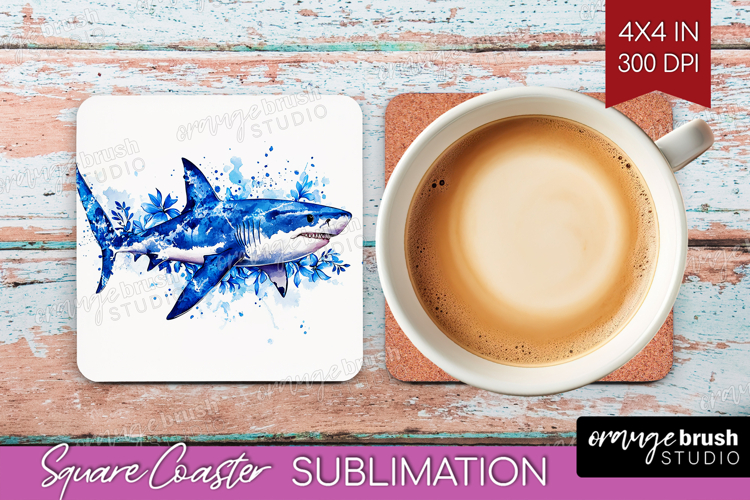 Shark Floral Square Coaster Blue Flowers Coaster PNG