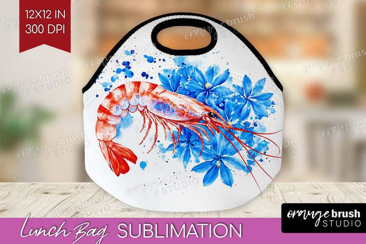 Shrimp Floral Lunch Bag Blue Flowers Lunch Bug PNG