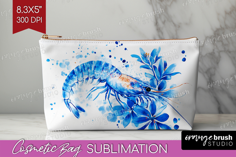 Shrimp Floral Cosmetic Bag Blue Flowers Makeup Bag PNG