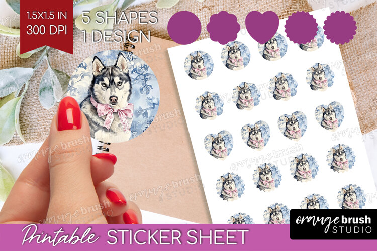 Siberian Husky Dog Round Sticker Blue Toile Printable Sheet example image 1