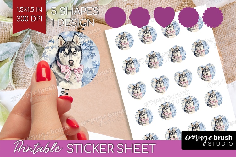 Siberian Husky Dog Round Sticker Blue Toile Printable Sheet