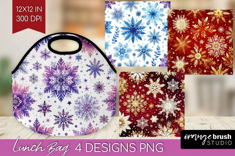 Snowflakes Lunch Bag - Christmas Lunch Bug PNG Sublimation