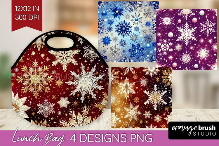 Snowflakes Lunch Bag - Christmas Lunch Bug PNG Sublimation