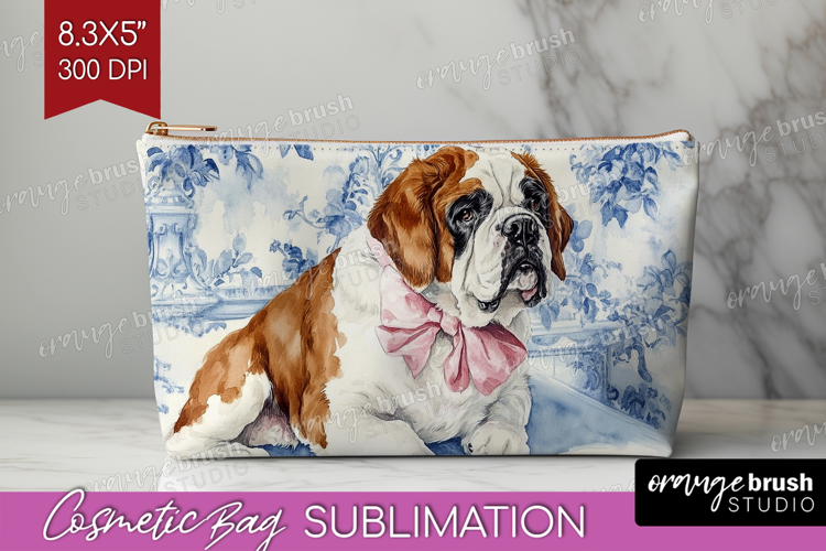 St. Bernard Dog Cosmetic Bag Blue Toile Makeup Bag PNG