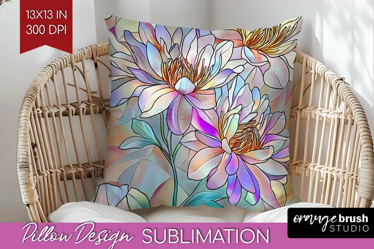 Stained Glass Flowers Pillow Sublimation - Floral Pillow PNG