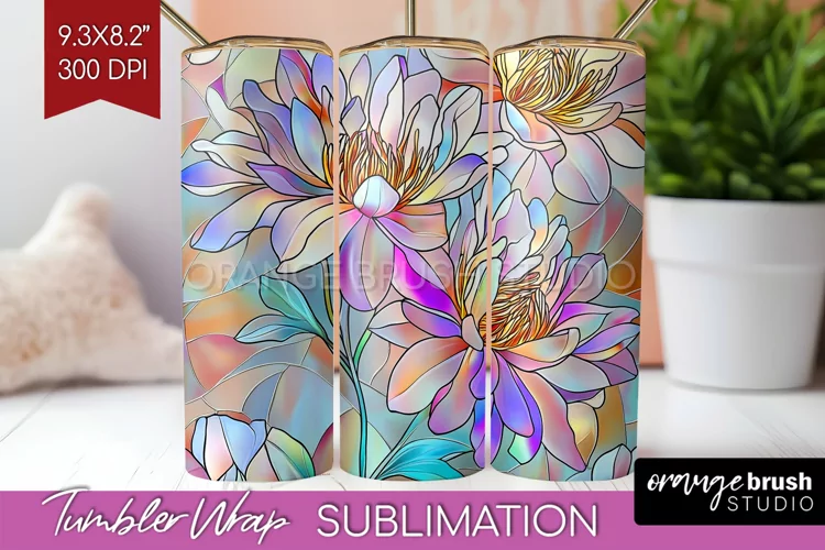 Stained Glass Flowers Tumbler Wrap - Floral Tumbler PNG