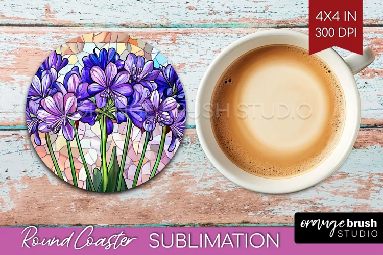 Stained Glass Flowers Round Coaster - Floral Coaster PNG