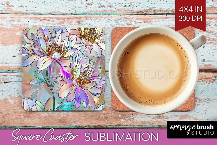 Stained Glass Flowers Square Coaster - Floral Coaster PNG