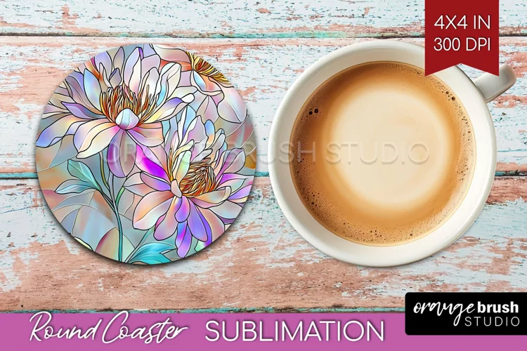 Stained Glass Flowers Round Coaster - Floral Coaster PNG