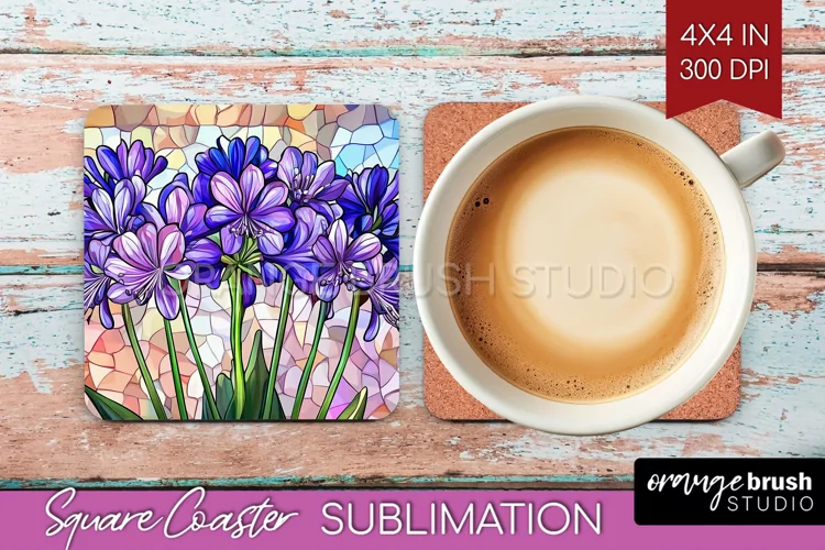 Stained Glass Flowers Square Coaster - Floral Coaster PNG