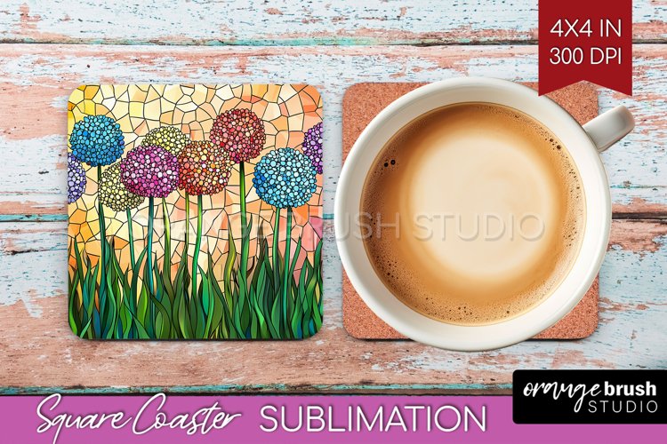 Stained Glass Flowers Square Coaster - Floral Coaster PNG example image 1