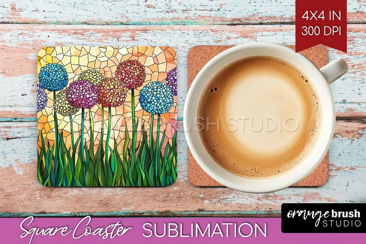 Stained Glass Flowers Square Coaster - Floral Coaster PNG