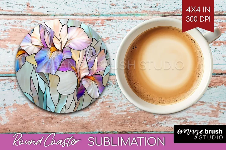 Stained Glass Flowers Round Coaster - Floral Coaster PNG