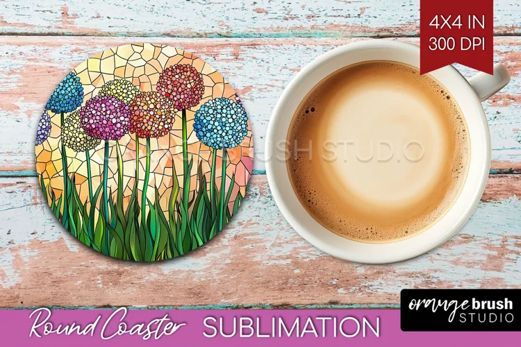 Stained Glass Flowers Round Coaster - Floral Coaster PNG