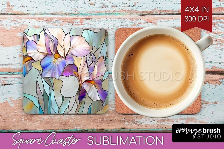 Stained Glass Flowers Square Coaster - Floral Coaster PNG