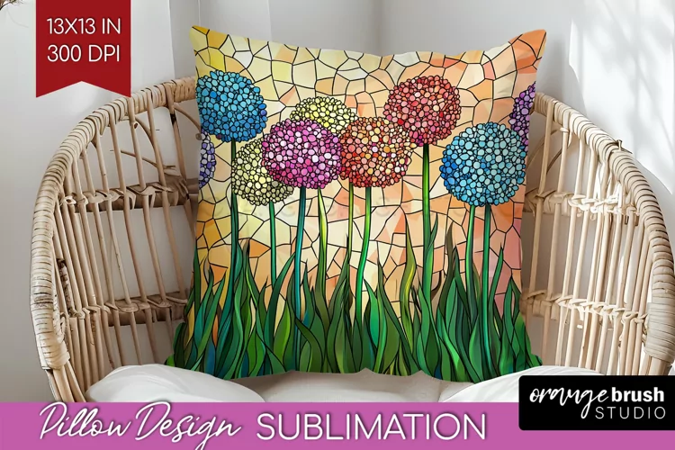 Stained Glass Flowers Pillow Sublimation - Floral Pillow PNG