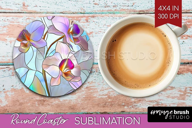 Stained Glass Flowers Round Coaster - Floral Coaster PNG