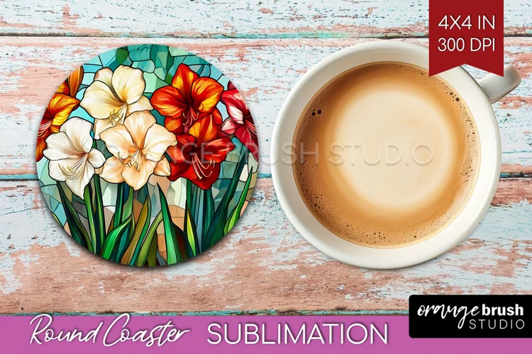 Stained Glass Flowers Round Coaster - Floral Coaster PNG