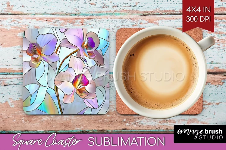 Stained Glass Flowers Square Coaster - Floral Coaster PNG