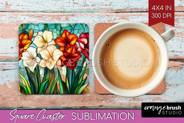 Stained Glass Flowers Square Coaster - Floral Coaster PNG