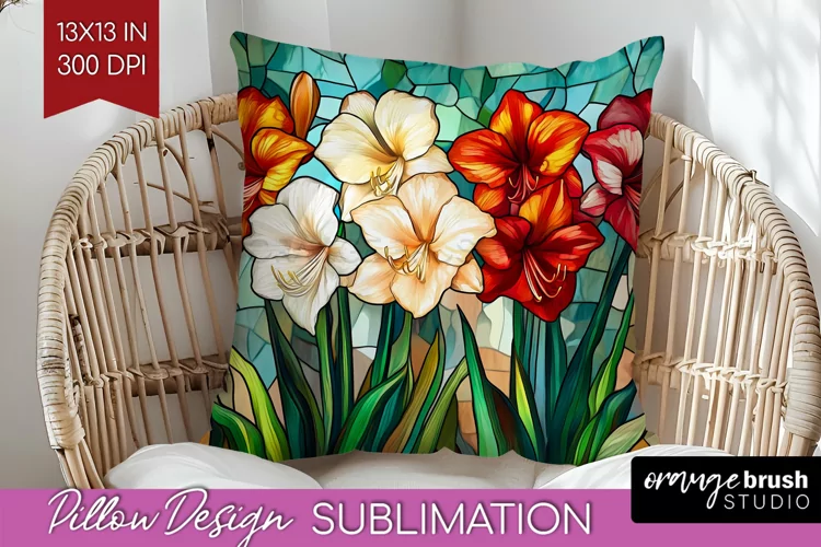 Stained Glass Flowers Pillow Sublimation - Floral Pillow PNG