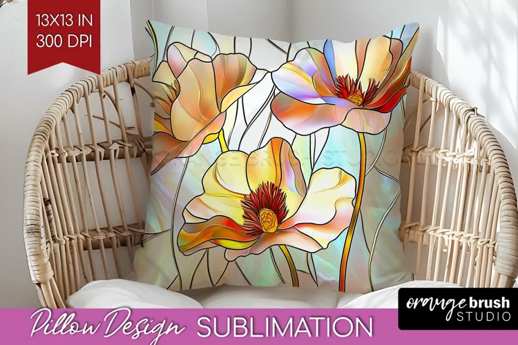Stained Glass Flowers Pillow Sublimation - Floral Pillow PNG
