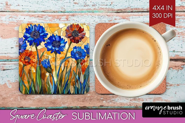 Stained Glass Flowers Square Coaster - Floral Coaster PNG