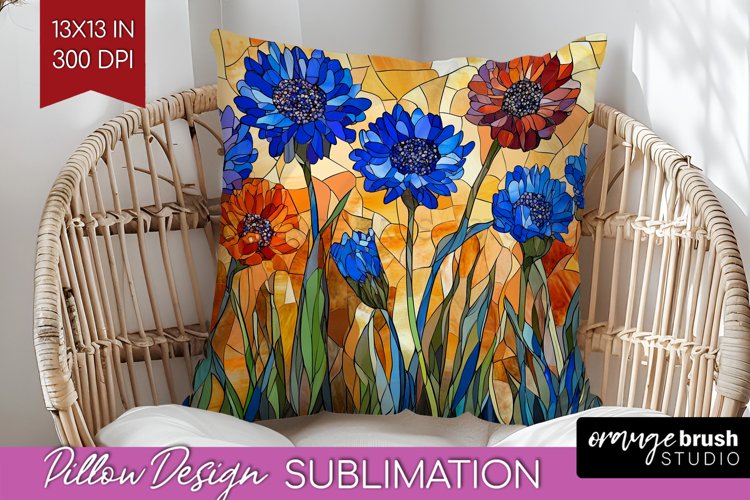 Stained Glass Flowers Pillow Sublimation - Floral Pillow PNG example image 1