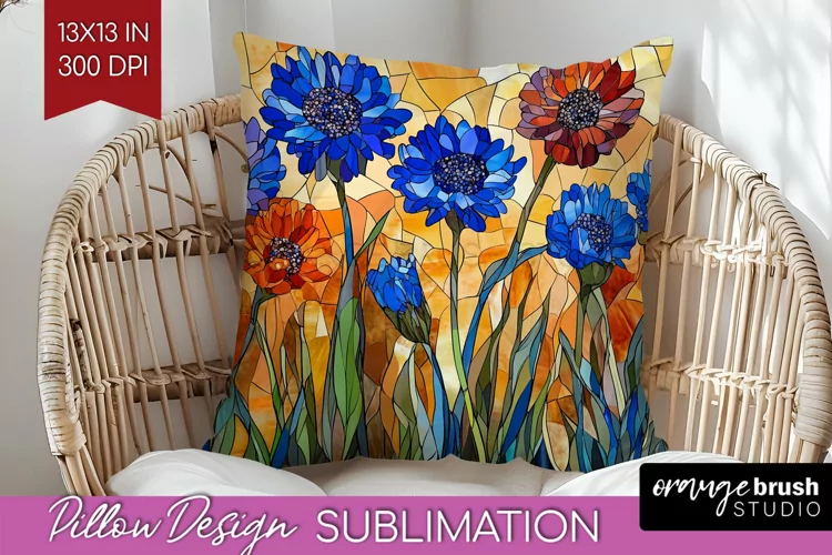 Stained Glass Flowers Pillow Sublimation - Floral Pillow PNG