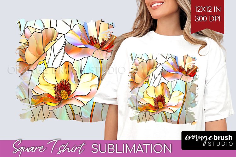 Stained Glass Flowers Square Tshirt Background - Floral PNG