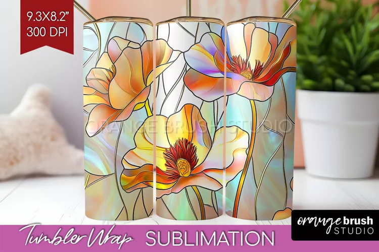 Stained Glass Flowers Tumbler Wrap - Floral Tumbler PNG