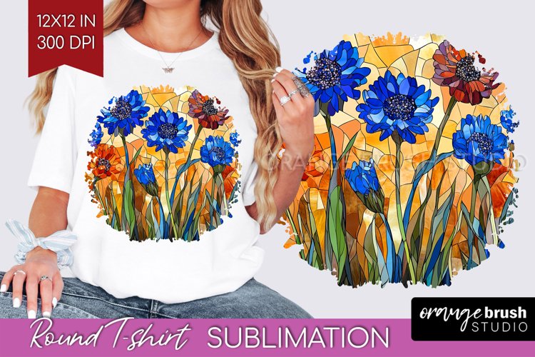 Stained Glass Flowers Round Tshirt Background - Floral PNG