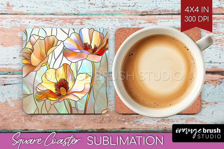 Stained Glass Flowers Square Coaster - Floral Coaster PNG