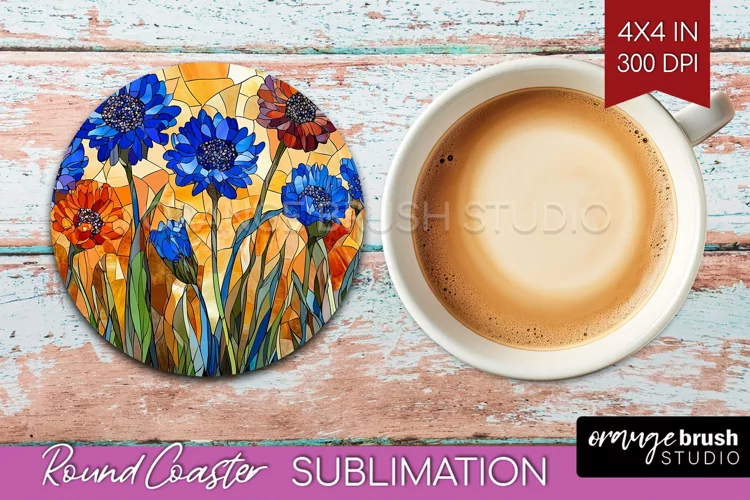 Stained Glass Flowers Round Coaster - Floral Coaster PNG