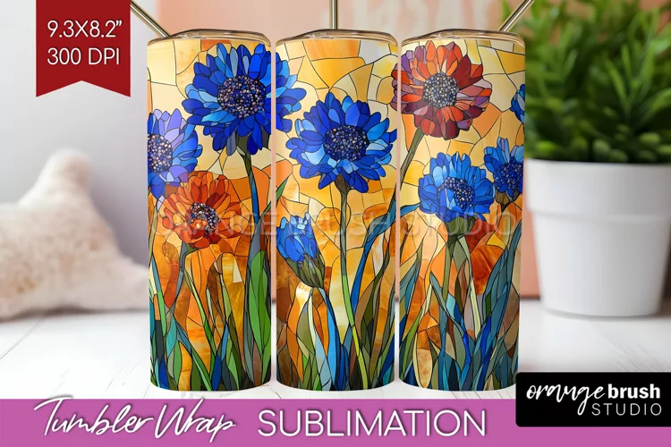 Stained Glass Flowers Tumbler Wrap - Floral Tumbler PNG