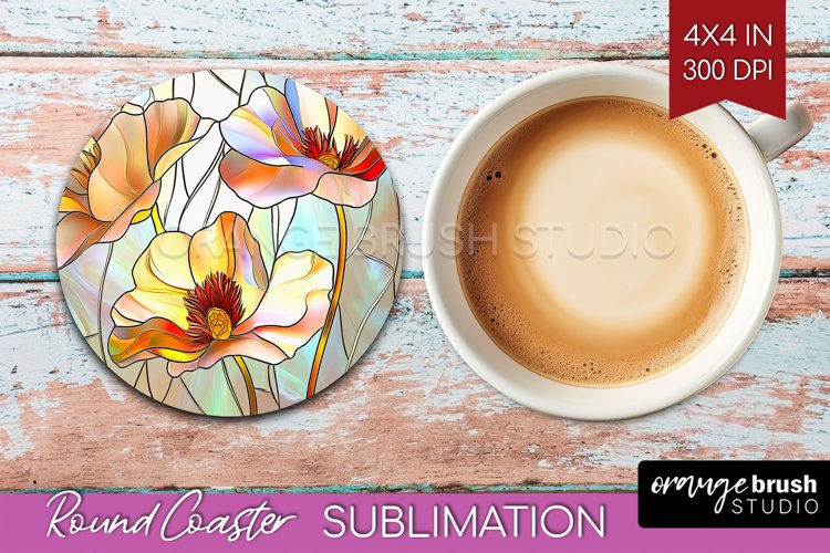 Stained Glass Flowers Round Coaster - Floral Coaster PNG example image 1