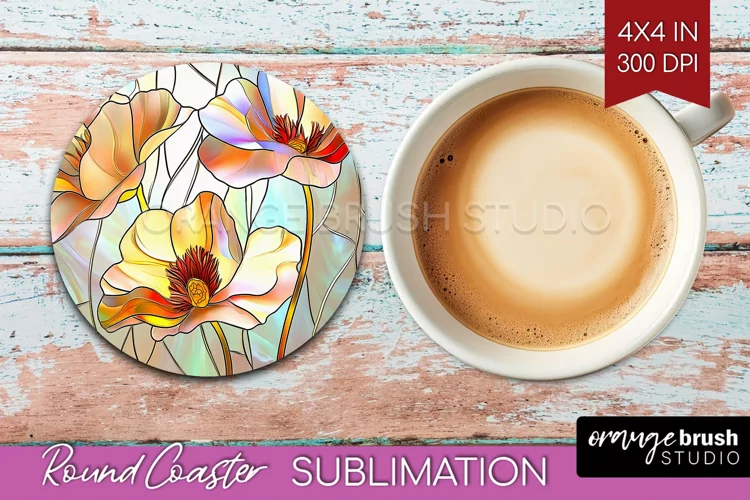 Stained Glass Flowers Round Coaster - Floral Coaster PNG