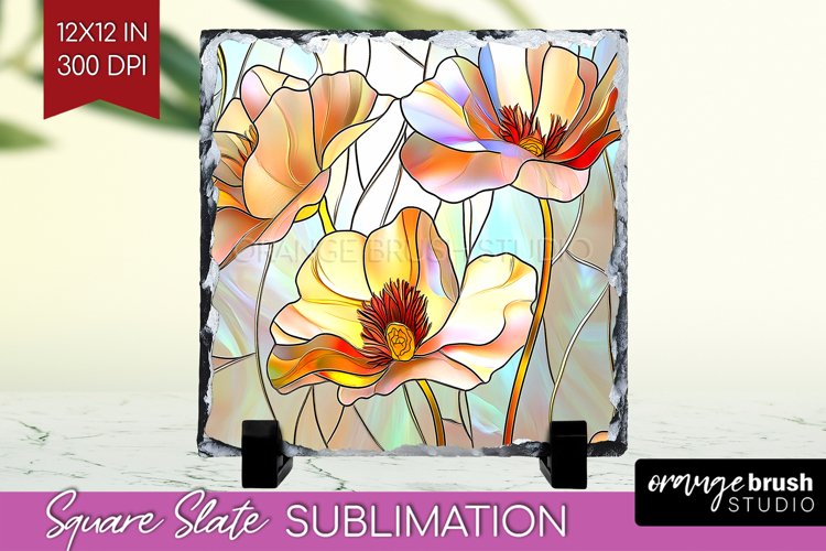 Stained Glass Flowers Slate PNG - Floral Square Slate