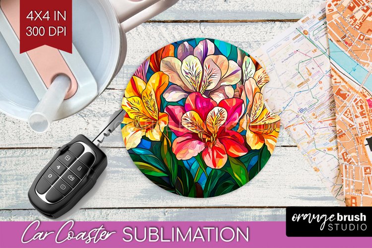 Stained Glass Flowers Car Coaster - Floral Coaster PNG