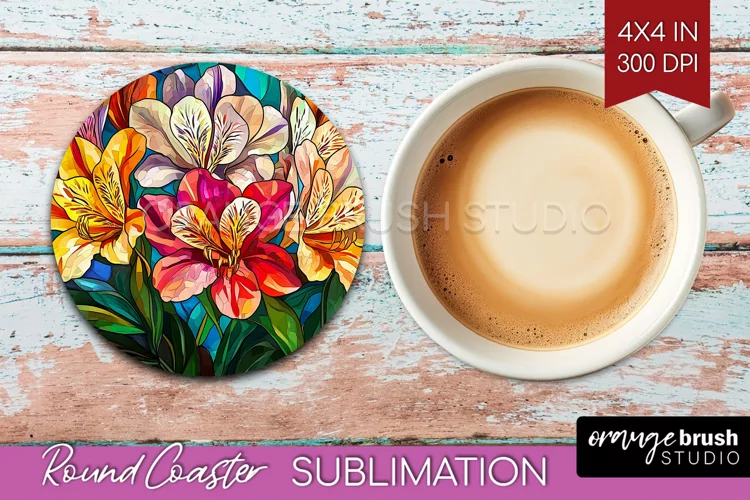 Stained Glass Flowers Round Coaster - Floral Coaster PNG