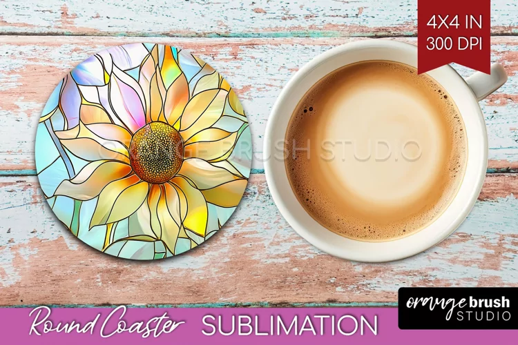 Stained Glass Flowers Round Coaster - Floral Coaster PNG