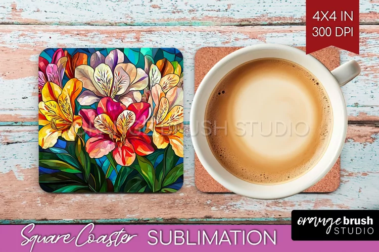 Stained Glass Flowers Square Coaster - Floral Coaster PNG