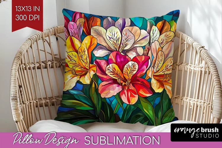 Stained Glass Flowers Pillow Sublimation - Floral Pillow PNG